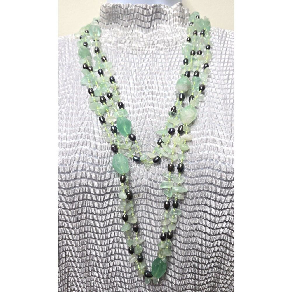 Green Aventurine Black Freshwater Pearl Necklace 58" No Clasp 2 Strand Knotted